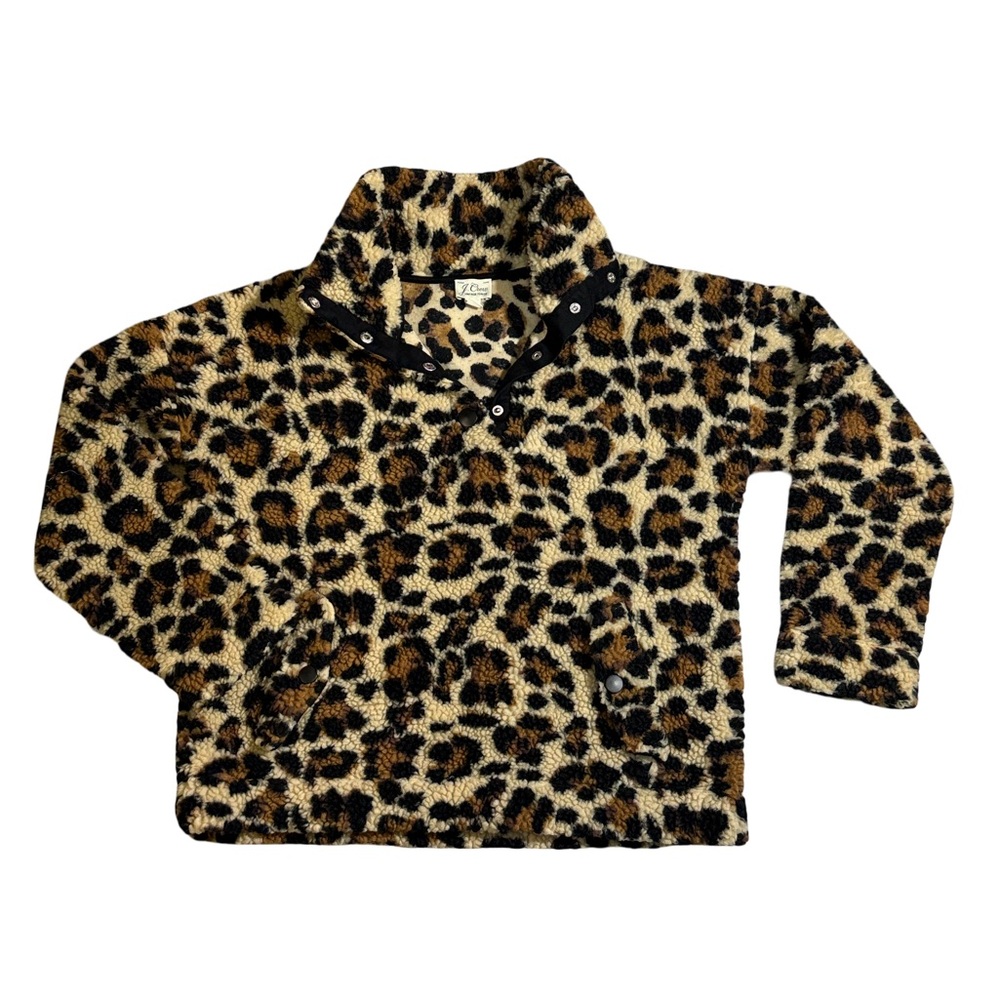 J. Crew S Small leopard pattern vintage fleece button snap pullover sweater EUC